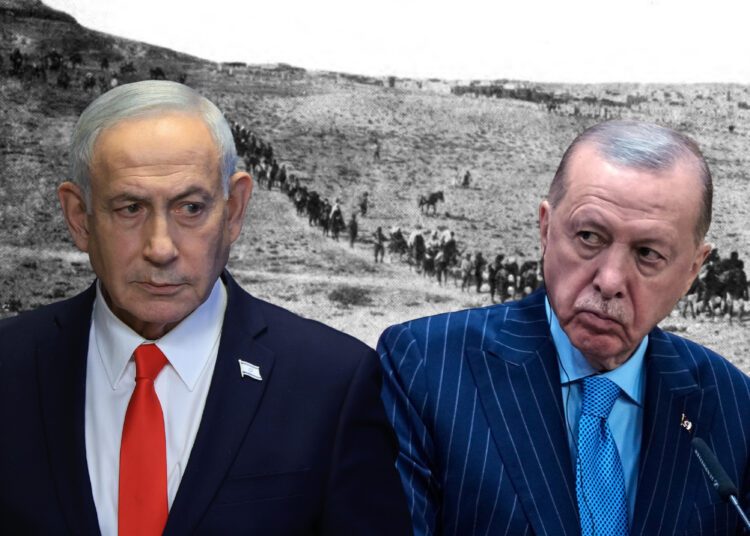Izraelský premiér Benjamin Netanjahu (vľavo) a turecký prezident Recep Tayyip Erdoğan na redakčnej fotokoláži k izraelskému uznaniu arménskej genocídy. Ankara rozhodnutie ostro odmieta a spája ho s vojnou v Gaze, kým izraelská vláda hovorí o morálnej a historickej povinnosti.
FOTO: SITA/Ronen Zvulun, Pool Photo via AP. FOTOKOLÁŽ: Redakcia