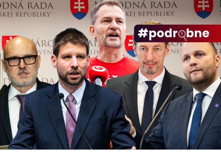 Prieskumy slovenskej opozícii dávajú väčšinu, otázkou však zostáva, či dokáže prekonať vzájomné spory a po voľbách vytvoriť stabilnú alternatívu k vláde Roberta Fica. Na snímke sú šéfovia opozičných strán, zľava: Branislav Gröhling (SaS), Michal Šimečka (PS), Igor Matovič (Hnutie Slovensko), Milan Majerský (KDH) a Jaroslav Naď (Demokrati). FOTO: SITA/Jana Birošová/Martin Havran/Tomáš Bokor/PS/Lukáš Grec. FOTOKOLÁŽ: redakcia
