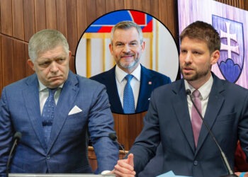 Prezident Peter Pellegrini (na snímke hore v strede) otvoril úvahu o veľkej koalícii Smeru-SSD a Progresívneho Slovenska pre prípad patovej situácie po budúcoročných parlamentných voľbách. Predseda Smeru Robert Fico (vľavo) a líder PS Michal Šimečka (vpravo) však takýto scenár odmietajú. FOTO: SITA/Tomáš Bokor, Milan Illík, PS, KP SR. FOTOKOLÁŽ: redakcia